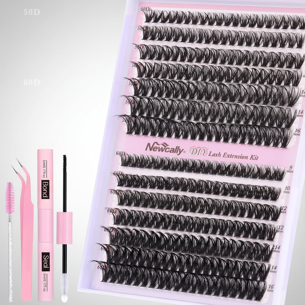 Fluffy Cluster Lashes Kit Wispy Individual Eyelashes Kit Volume 280 Pcs Eyelash Extension Kit D Curl Cluster Lashes Extension 9-16MM Lash Bond and Seal Tweezers by (50D+60D, 0.07D)