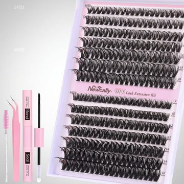 Fluffy Cluster Lashes Kit Wispy Individual Eyelashes Kit Volume 280 Pcs Eyelash Extension Kit D Curl Cluster Lashes Extension 9-16MM Lash Bond and Seal Tweezers by (50D+60D, 0.07D)