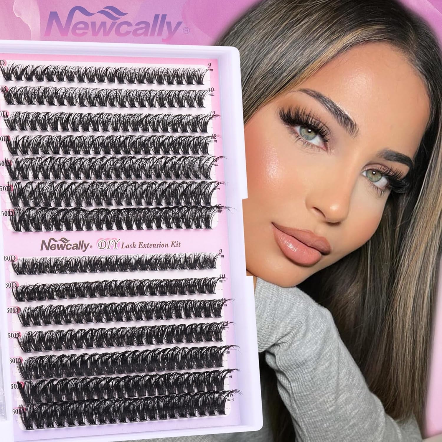 Fluffy Cluster Lashes Kit Wispy Individual Eyelashes Kit Volume 280 Pcs Eyelash Extension Kit D Curl Cluster Lashes Extension 9-16MM Lash Bond and Seal Tweezers by (50D+60D, 0.07D)