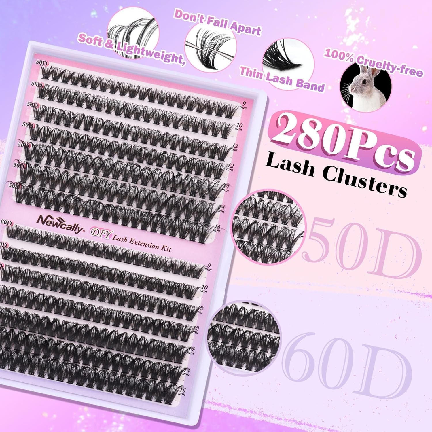Fluffy Cluster Lashes Kit Wispy Individual Eyelashes Kit Volume 280 Pcs Eyelash Extension Kit D Curl Cluster Lashes Extension 9-16MM Lash Bond and Seal Tweezers by (50D+60D, 0.07D)