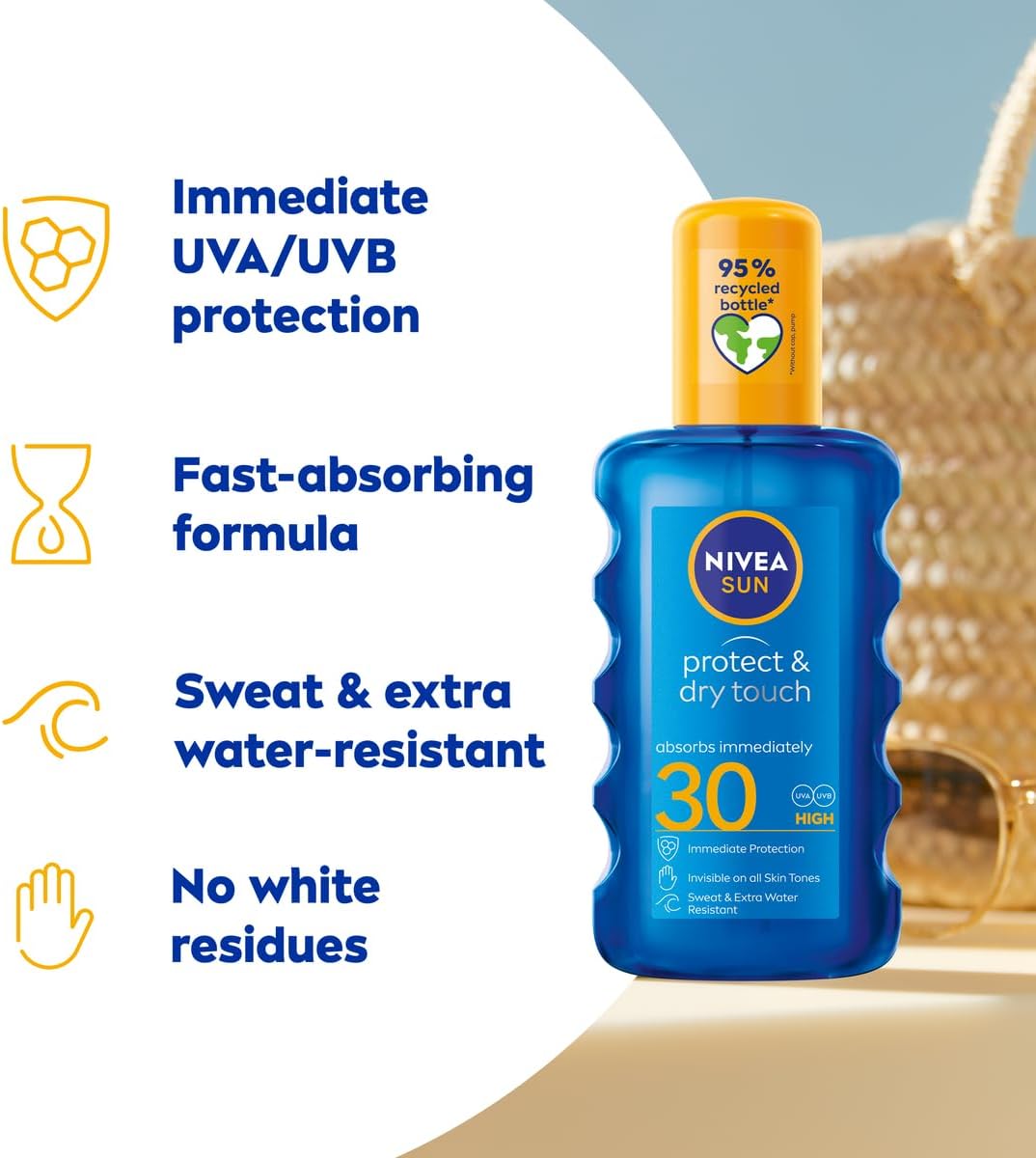 Protect & Dry Touch Invisible Sun Spray SPF 30 (200 Ml), Water-Resistant Sun Oil, Immediate Protection against UVA & UVB Rays, Transparent/No White Marks