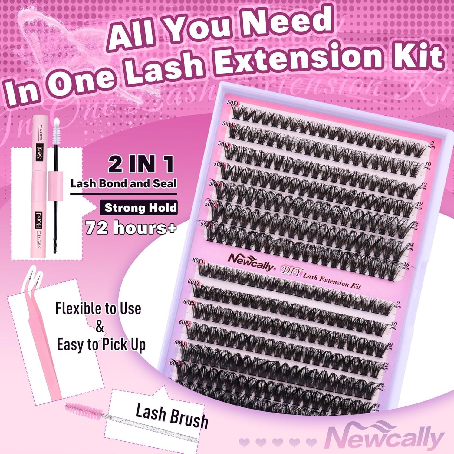 Fluffy Cluster Lashes Kit Wispy Individual Eyelashes Kit Volume 280 Pcs Eyelash Extension Kit D Curl Cluster Lashes Extension 9-16MM Lash Bond and Seal Tweezers by (50D+60D, 0.07D)