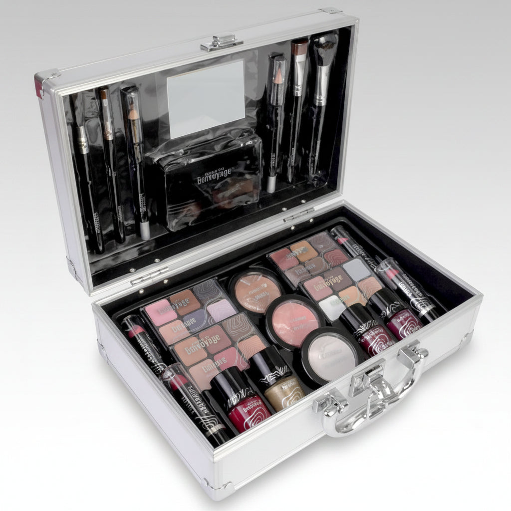 , Makeup Kit, Includes Lipsticks, Eyeshadows, Blush, Nail Polish, Mirror and Make up Brushes, Portable Lightweight Metal Train Case, Bon Voyage